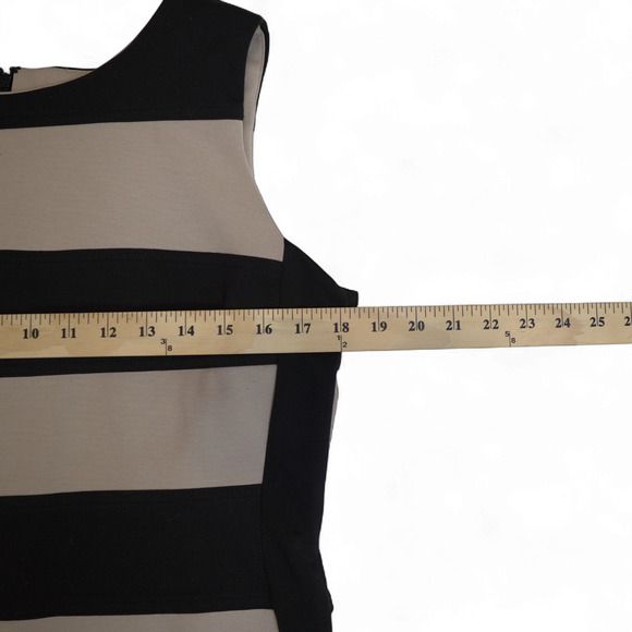 Calvin Klein Dress Sz 12 Black Beige Striped Sleeveless Crew Neck Corpcore EUC - Picture 7 of 10